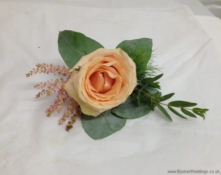 Wild Garden Wedding Flowers Theme - Grooms Buttonhole in Peach Rose and Astilbe
