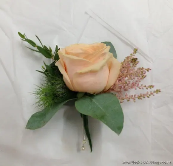 Wild Garden Wedding Flowers Theme - Grooms Buttonhole in Peach Rose, Lissianthus and Astilbe Side View