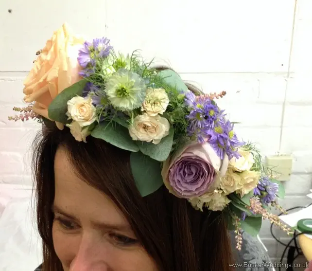 Wild just picked garden bridal flower crown in peach, purple, pink and blue with roses, spray roses, nigella, lissianthus, astilbe, september flower Left Side