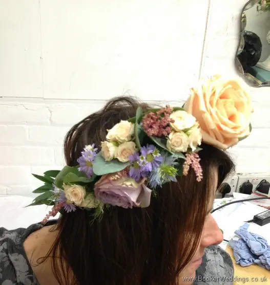 Wild just picked garden flowers bridal flower crown in peach, purple, pink and blue Right Side