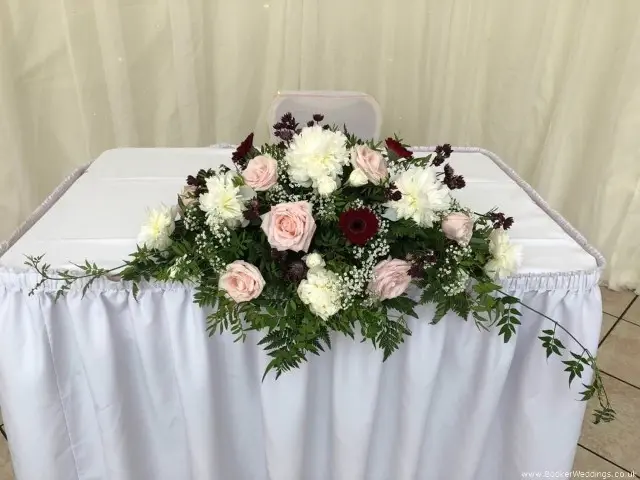 Pink White and Burgandy Registrar Table Arrangement