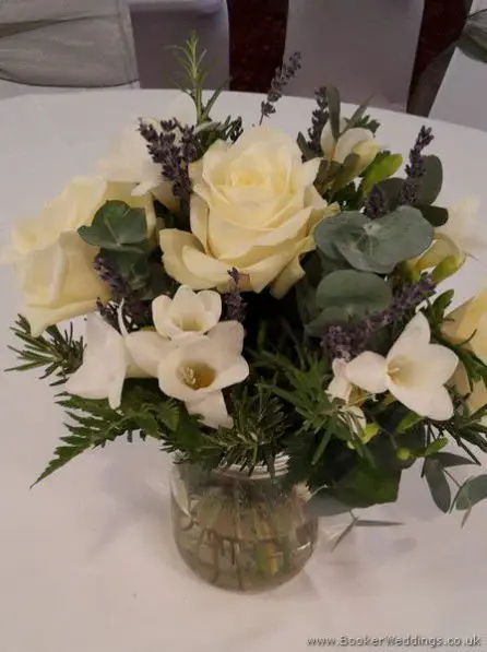 Lavender and Cream Jars of Flowers for Reception Table Centrepieces with Roses, Freesias and Lavender at Sefton Park Hotel
