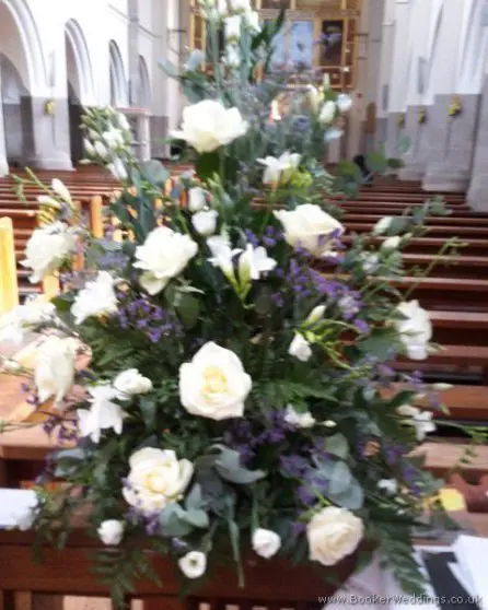 Lavender and Cream Pedestal Arranagement at St Claires Church, with Roses, Freesia, Lavender and Rosemary