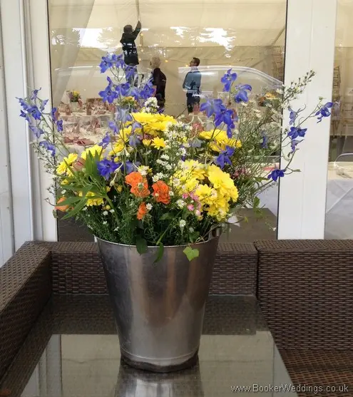 Meadow Style Just Picked Country Garden Large Bucket Arrangement with Yellow Crysanthemums, Blue Delphinium and Orange Spray Roses