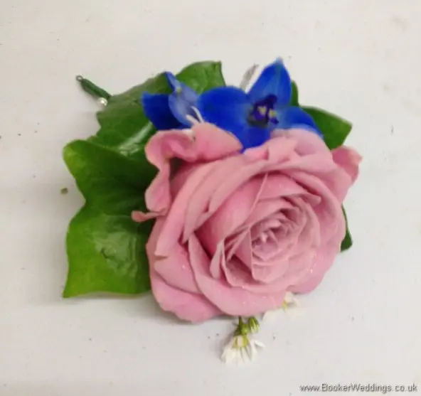 Meadow Style Just Picked Multi Coloured Flowers - Pink rose and Blue Delphinium Grooms Buttonhole