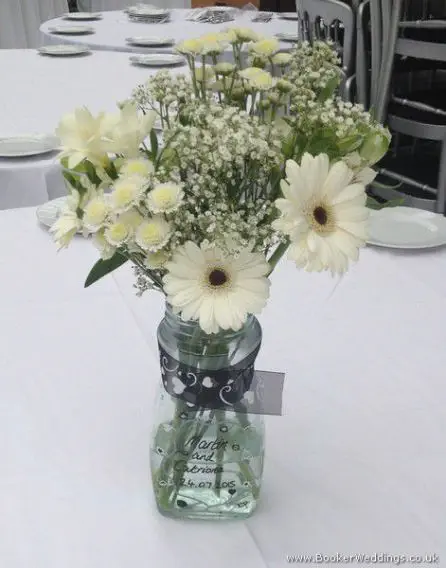 Black and White Gerbera Jars of Flowers at Reception - Palm House, Sefton Park