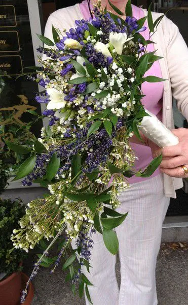 Agapanhus Freesia Lavender and wax Brides Shower Bouquet - Side