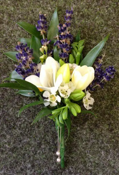 Freesia Lavender and Wax Grooms Buttonhole