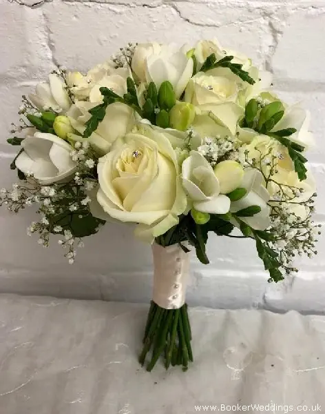Bride Handtied Bouquet of Ivory Roses Freesias and Gypsophila with Diamantes and Ribbon Handle