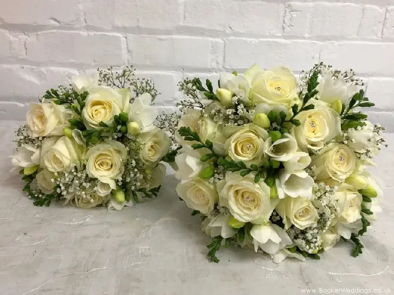 Bride and Bridesmaid Matching Rose Freesia and Gyp Hand Tied Bouquets