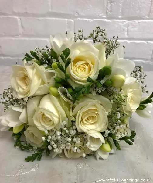 Bridesmaid Handtied Bouquet of Ivory Roses White Freesias and Gypsophila with Ribbon Handle