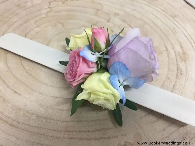 Flower Girl Wrist Corsage of Lilac Rose Pink Spray Rose and Hydrangea