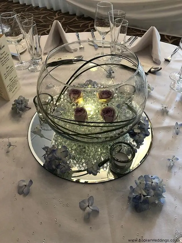 Table Centrepiece of Fishbowls Roses and Candles