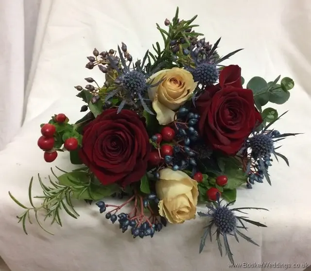 Top view of just picked winter wedding bridesmaid bouquet
