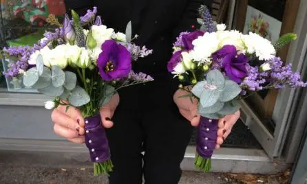 Purple and white flower girl bouquet - side