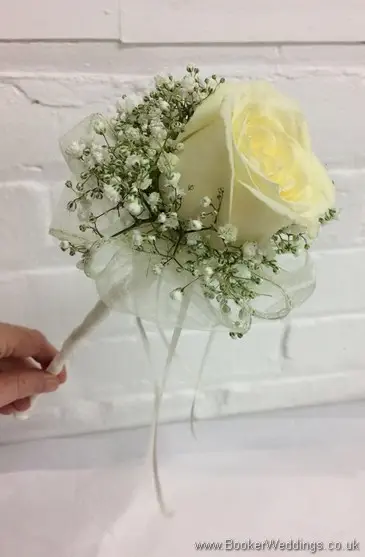 Cream rose wand flowergirl bouquet with gypsohila collar_side view