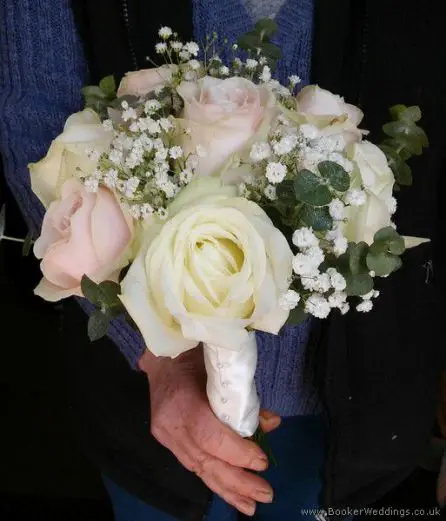 Blush and Ivory Roses Hand-tied Bridal Bouquet with Gypsy Grass and Eucalyptus Side View