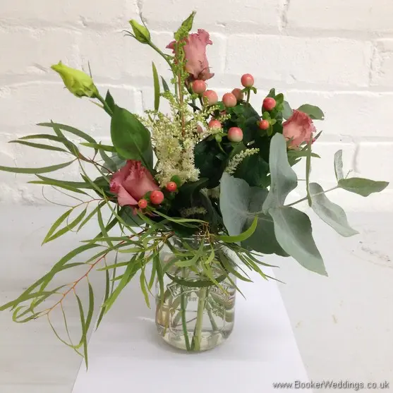 Cream, Coral and Burgundy Wild Flower Kilner Vase Table Centrepieces with roses, hypericum berries, lisianthus , astilbe and eucalyptus