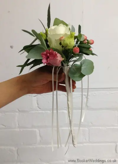 Wild Flower Girl Wand Bouquet in Cream, Coral and Burgundy with Roses, Lissianthus, Hypericum berries and Eucalyptus Side View