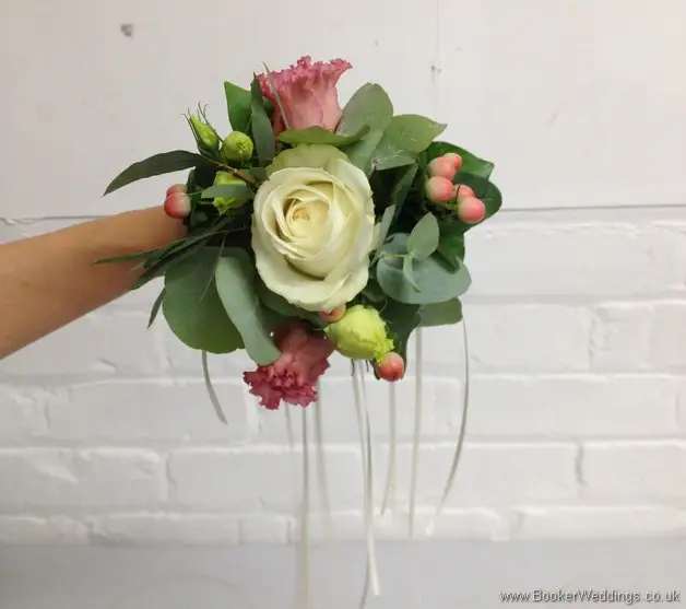 Wild Flower Girl Wand Bouquet in Cream, Coral and Burgundy with Roses, Lissianthus, Hypericum berries and Eucalyptus