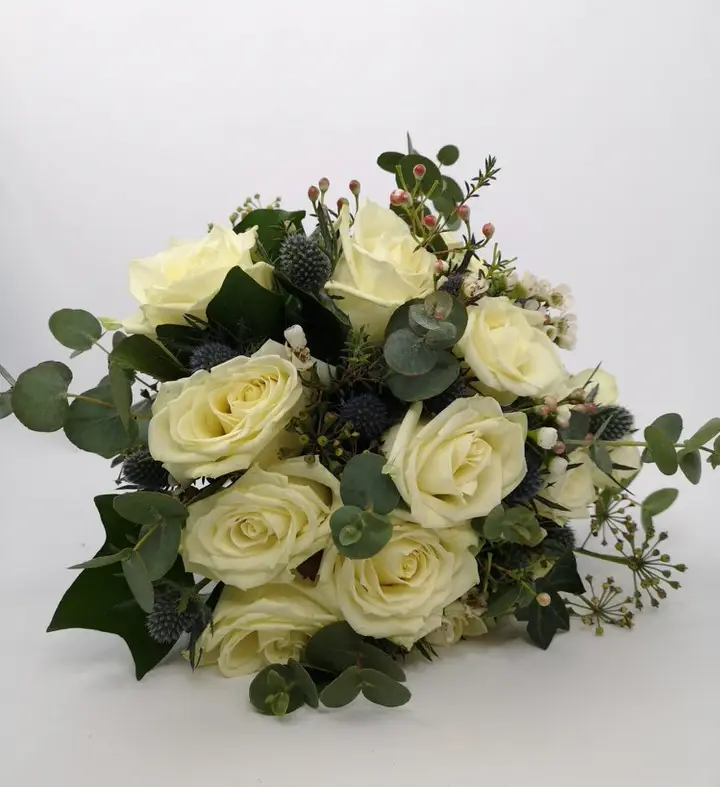 White Rose Wax Flower Erngium and Eucalyptus Handtied