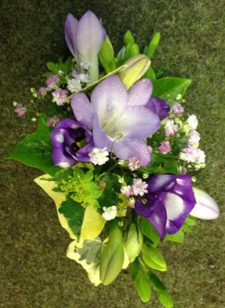 Purple Freesia and Lithianthus Corsage