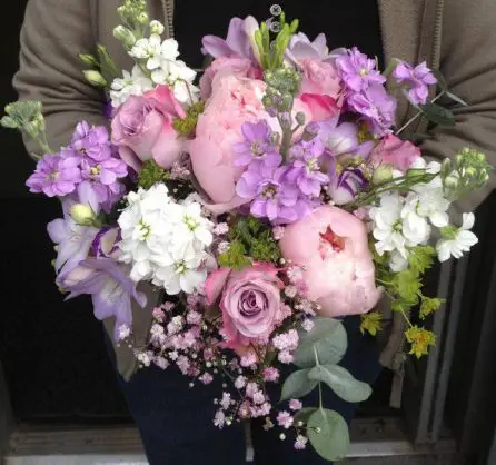 Rose Poeny Stock Pink Purple and Lilac Country Style Brides Bouquet