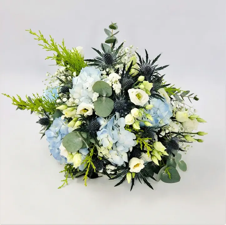 Compact Bridal Bouquet with Blue Flowers and Fern