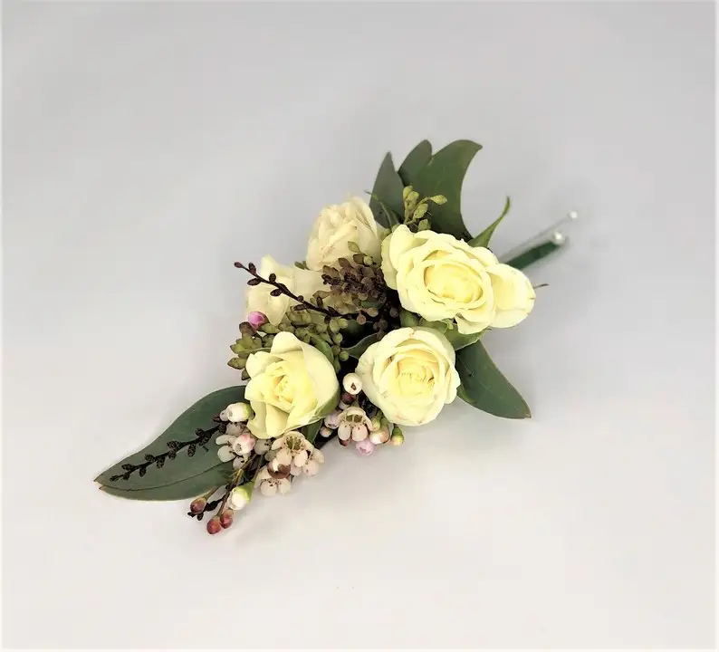 Mother of Bride Corsage with Spray Roses Eucalyptus and Waxflower