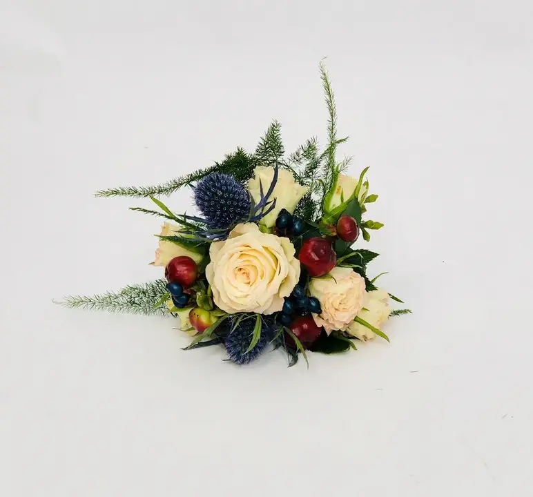 Peach and Blue Wrist Corsage with Berries