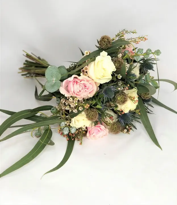 White and Pink Rose Bouquet with Euc and Waxflower
