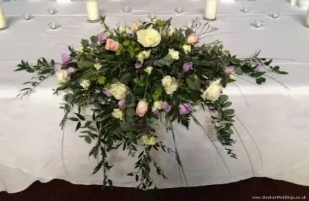 White and Pink Rose with Lavender and Just Picked Garden Flowers Top Table Arrangement Close Up