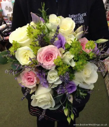 White and Pink Roses with Just Picked Garden Flowers Brides Bouquet
