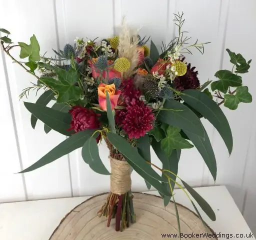 Bride Wild Hand Tied Bouquet in Burgundy Orange Yellow