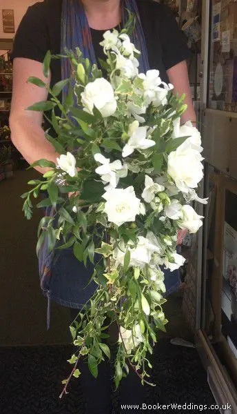 All White Rose and Orchid Brides Shower Bouquet Side View