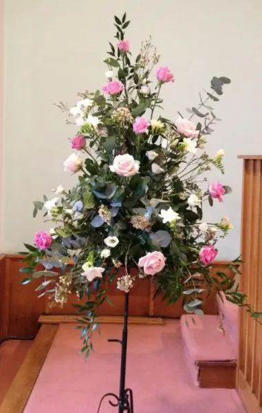 Pink Rose and Freesia Pedestal Arrangement