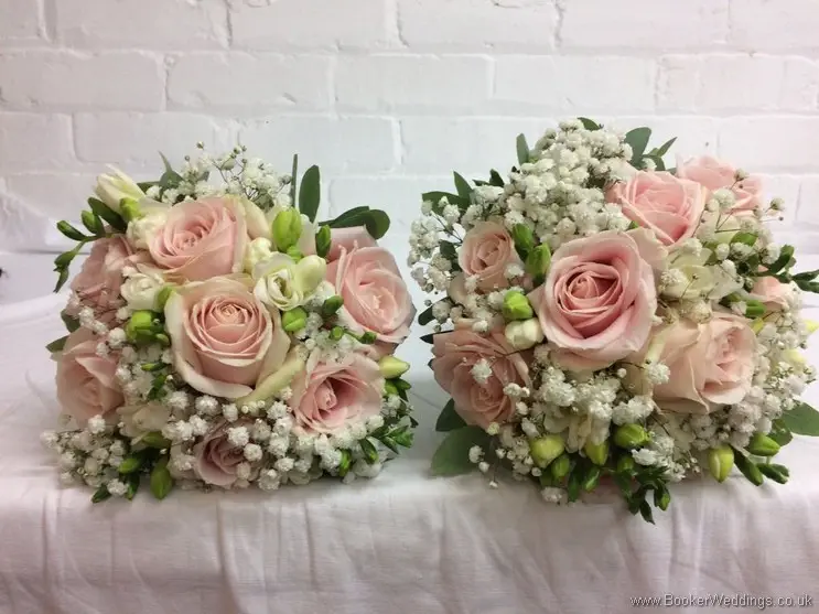 Pink and white bridal and bridesmaid hand tied bouquets