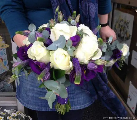 Purple and White Rose Freesia and Lissanthus Bridal Bouquet Side View