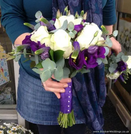 Purple and White Rose Freesia and Lissanthus Bride Bouquet Side View