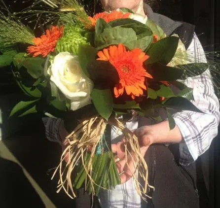 Orange Gerbera White Roses and Green Brides Bouquet Side