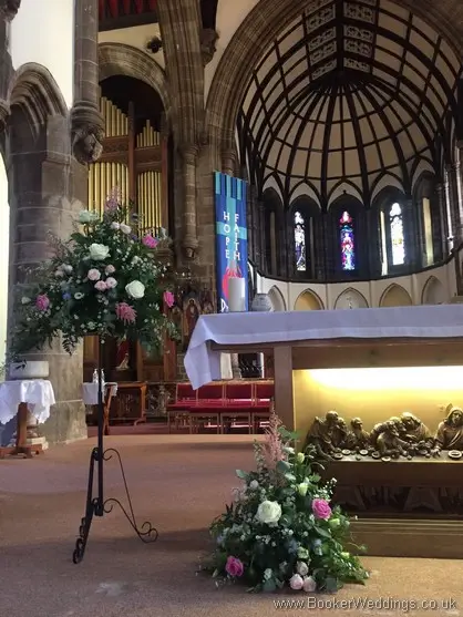 Rustic Pedestal and altar flower arrangements at St Annes Church, Liverpool