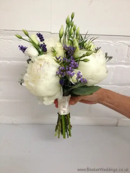 Just Picked English Country Garden Bridesmaid Bouquet with Peonies, Lissianthus, Spray Roses, and Lavender Side View