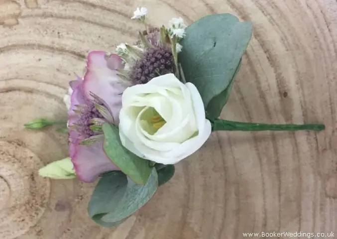 Lilac Rose White Lissianthus Astrantia and Gypsy Grass Buttonhole for Groom