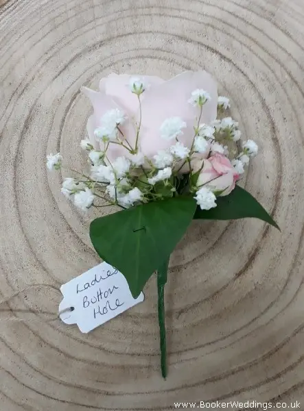 Ladies Buttonhole of Sweet Avalanche Rose Spray Rose and Gyp