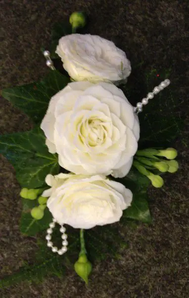 Corsage of Spray Roses and bouvardia