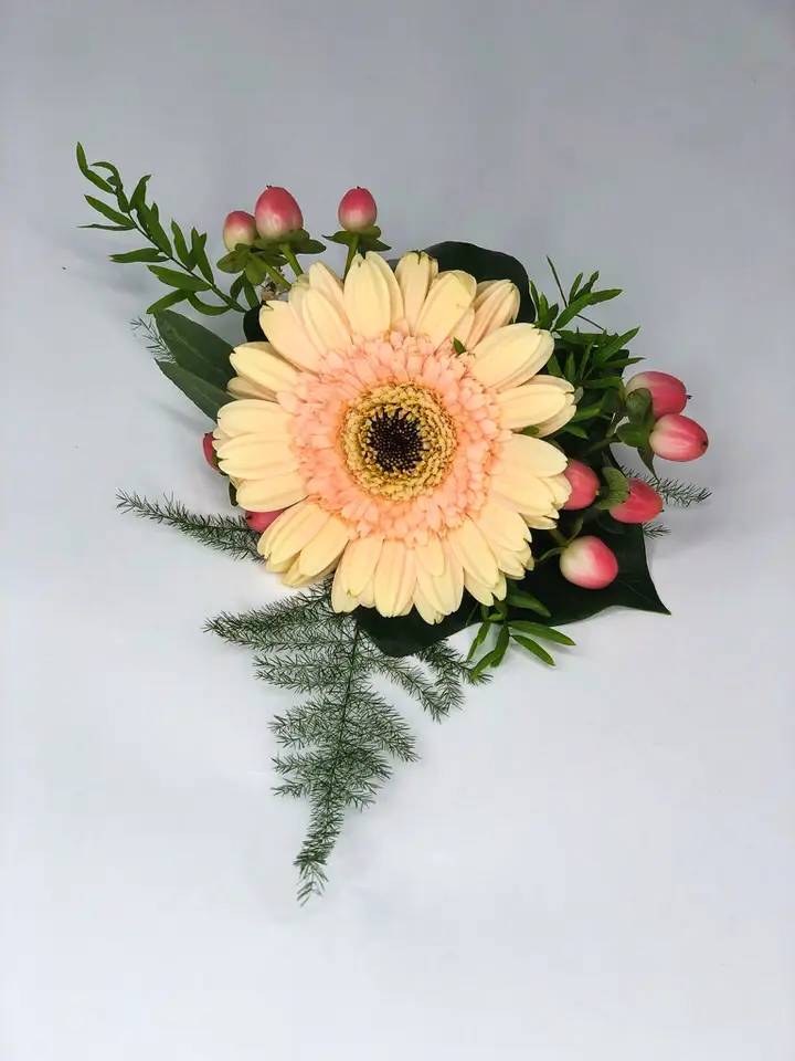 Peach Gerbera and Hypericum Buttonhole