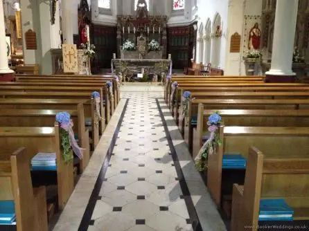 Blue Hydrangea Pew Ends at Bishop Eton Church towards the alter