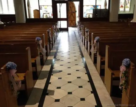 Blue Hydrangea Pew Ends at Bishop Eton Church