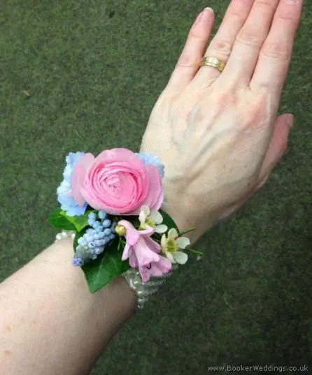 Pink and Blue Flowers - Ranunculus and Muscari Wrist Corsage