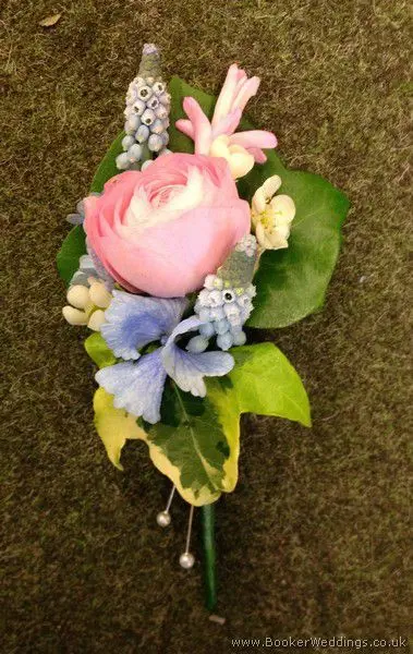 Pink and Blue Flowers with Ranunculus and Muscari Pin Corsage